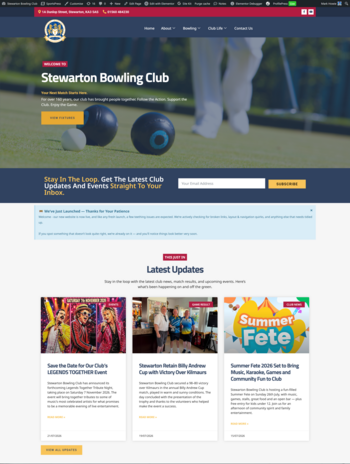Screenshot showing the design of Stewarton Bowling Club's website - www.sbc.scot