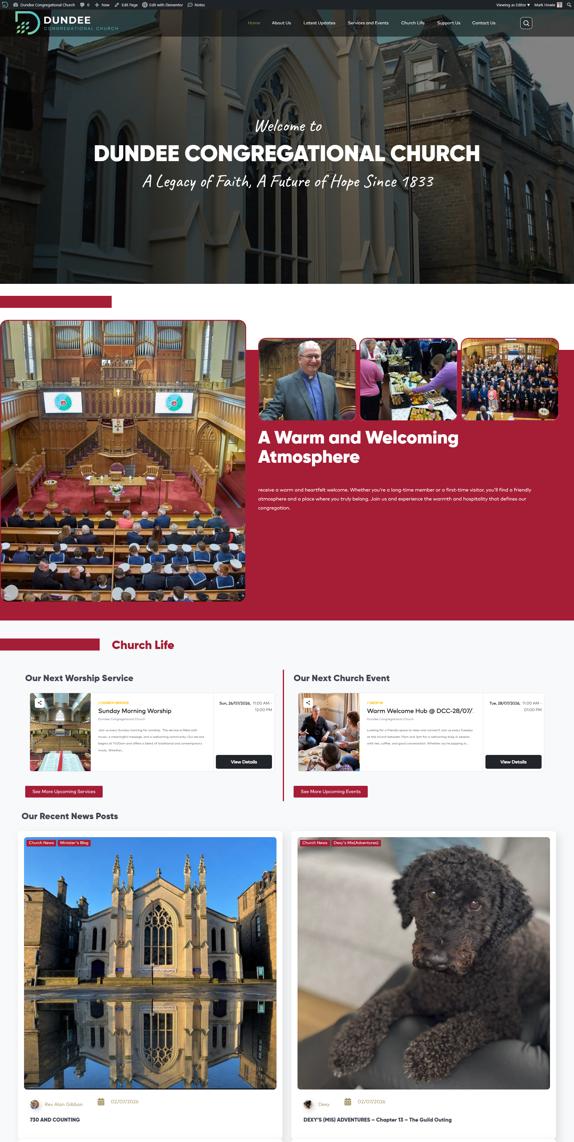 Screenshot showing the design of Dundee Congregational Church's website - www.dundeecongregational.church